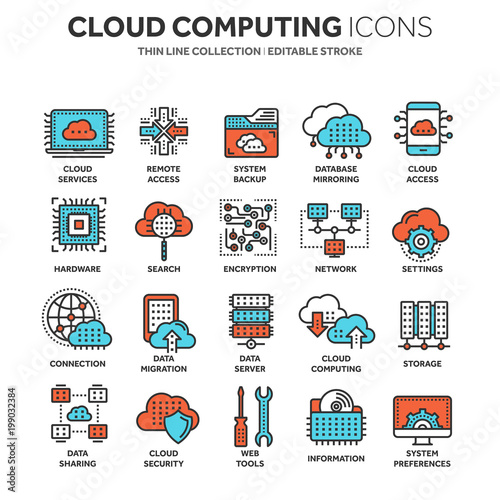 Cloud computing. Internet technology. Online services. Data, information security. Connection. Thin line blue web icon set. Outline icons collection.Vector illustration.