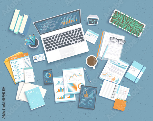 Data analysis concept. Financial Audit, analytics, statistics, strategic, report, management. Charts, graphics on a laptop, tablet, phone, documents, workplace supplies. View from above. Vector
