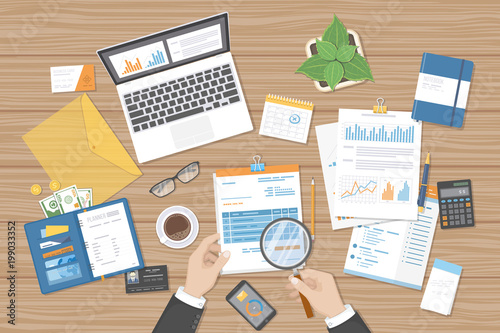 Businessman auditor inspects financial documents. Man's hands with magnifying glass above forms. Research, auditing, management, planning, accounting, analysis, data, reporting. Wooden table Vector 
