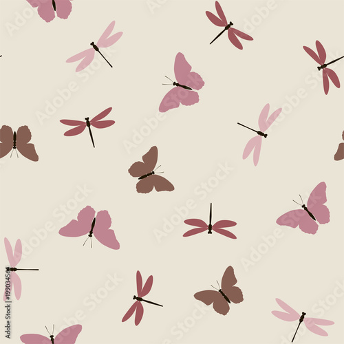 Summer seamless pattern with butterfly and dragonfly on a light background. Vector.