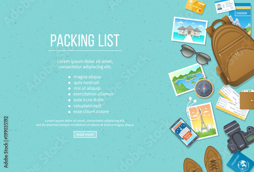 Packing list, travel planning. Preparing for vacation, travel, journey, trip. Baggage, air tickets, passport, wallet, guidebook, camera, compass, headphones, shoes. Place for text. Top view Vector