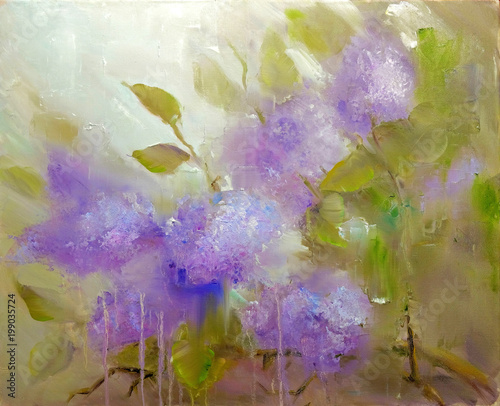 Lilac flowers ander rain. Spring flowers invitation oil painting on canvas