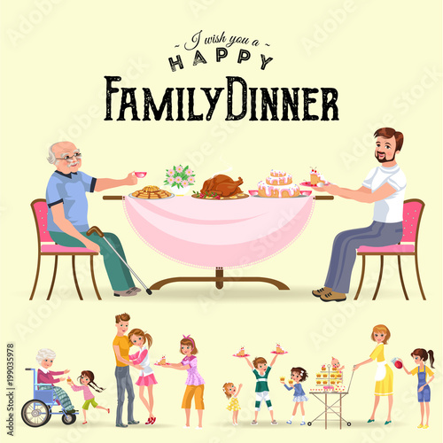 family eating dinner at home, happy people eat food together, mom and dad treat grandfather sitting by dining table, girl takes care of old grandmother, children hold cakes vector illustration
