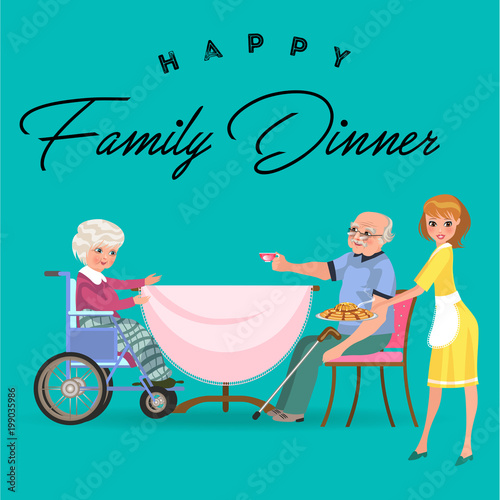 Wallpaper Mural family eating dinner at home, happy people eat food together, mom treat grandfather sitting by dining table, girl takes care of old grandmother, disabled woman on wheelchair vector illustration Torontodigital.ca