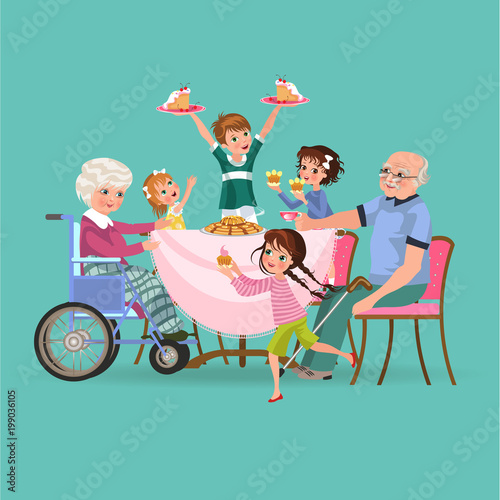 family eating dinner at home, happy people eat food together, mom and dad treat grandfather sitting by dining table, girl takes care of old grandmother, children hold cakes vector illustration