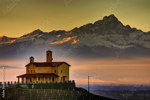 The church of the Partisan Shrine of Bastia Mondovì with, in the background, the 
