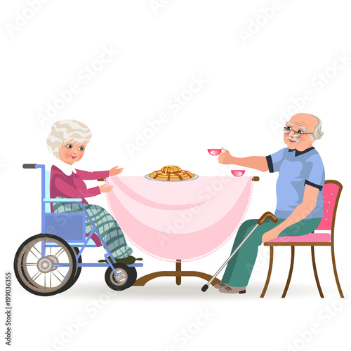 family eating dinner at home, happy people eat food together, mom and dad sitting by dining table, old disabled grandmother and grandfather taste a cake, husband wife drinking tea vector illustration