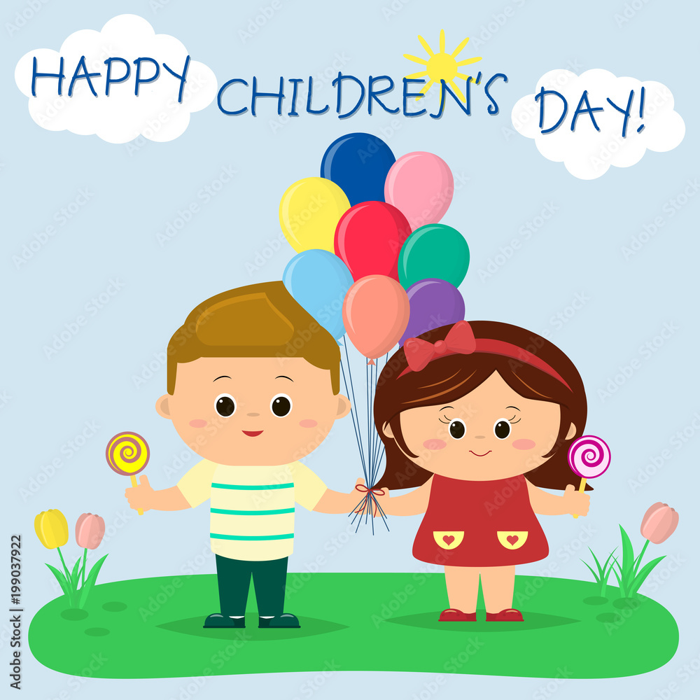 A boy and a girl are holding balloons and lollipops in a clearing, against the sky and the sun.
