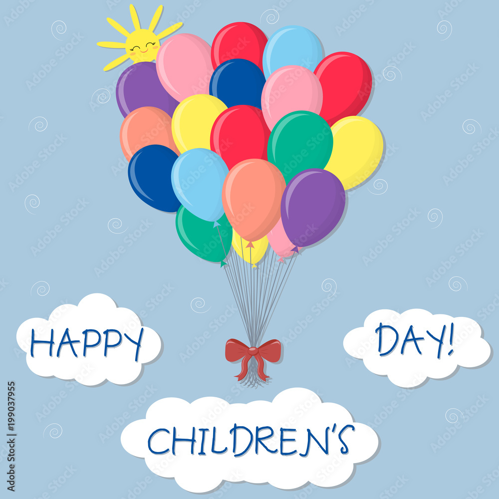 A bunch of multicolored balls with a red bow isolated on the sky background. Clouds and sun. Happy children's day.