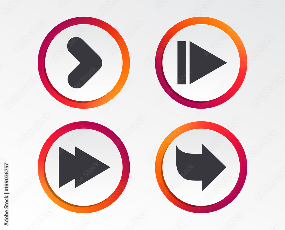 Arrow icons. Next navigation arrowhead signs. Direction symbols. Infographic design buttons. Circle templates. Vector