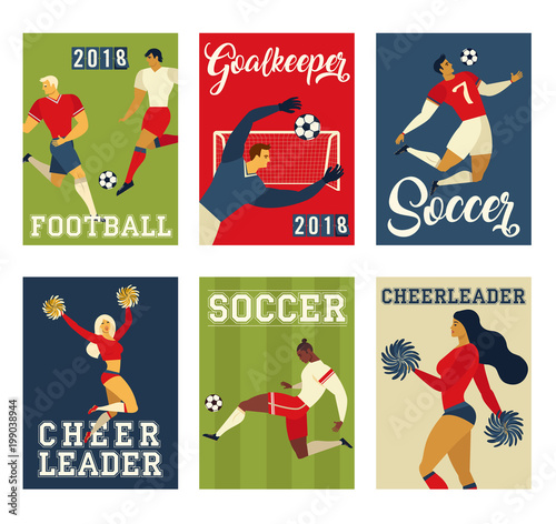 Football soccer players and cheerleaders set posters of characters vector illustration.