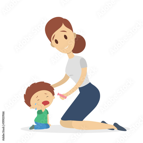 Mother calming sad boy.
