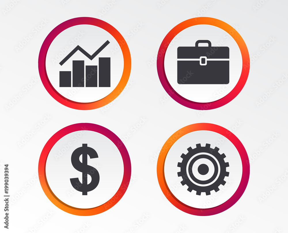 Business icons. Graph chart and case signs. Dollar currency and gear cogwheel symbols. Infographic design buttons. Circle templates. Vector Business icons. Graph chart and case signs. Dollar currency and gear cogwheel symbols. Infographic design buttons. Circle templates. Vector