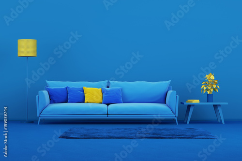 Interior design minimal style concept. Blue modern sofa in blue living room