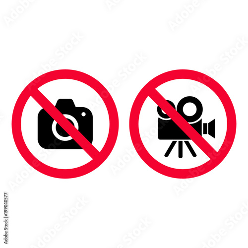No camera and video red prohibition signs. Taking pictures and recording not allowed. No photographing sign. No video camera sign.