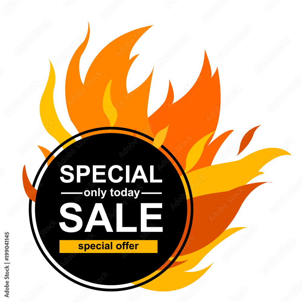 Circle banner with Special sale. Black card for hot offer with frame fire graphic Circle banner with Special sale. Black card for hot offer with frame fire graphic
