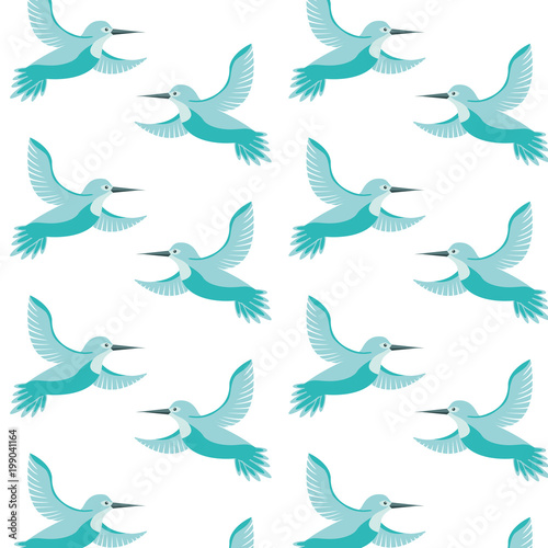cute birds flying with beautiful plumage pattern vector illustration design