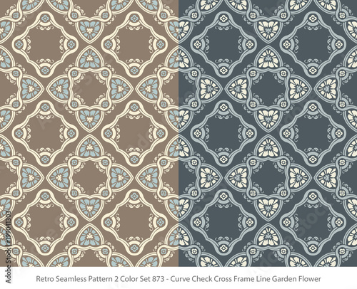 Retro Seamless Background 2 Color Set Curve Check Cross Frame Line Garden Flower