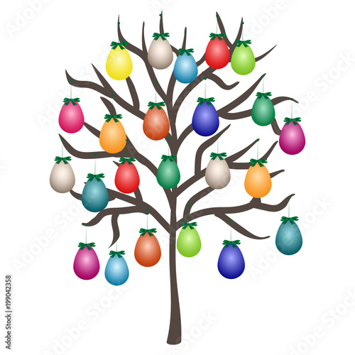 Easter tree. Colorful tree with easter eggs, flowers and birds