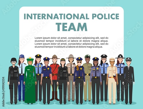 International police people concept. Detailed illustration of SWAT officer, policeman, policewoman and sheriff in flat style on white background. Vector illustration.