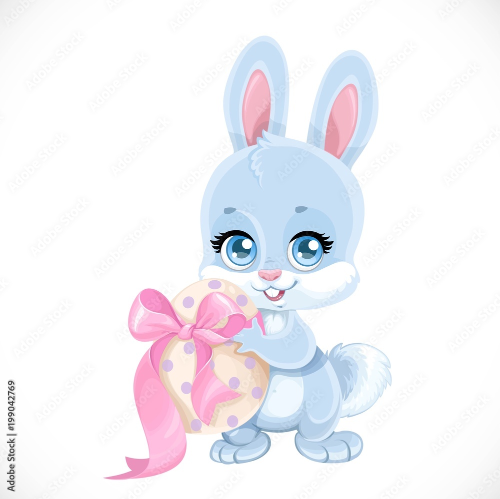 Cute Easter baby Bunny hold egg isolated on a white background