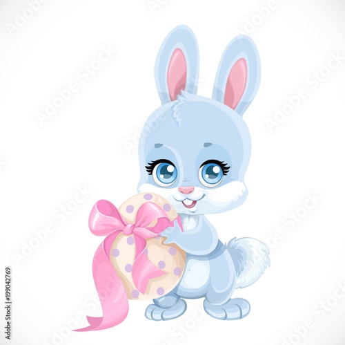 Cute Easter baby Bunny hold egg isolated on a white background