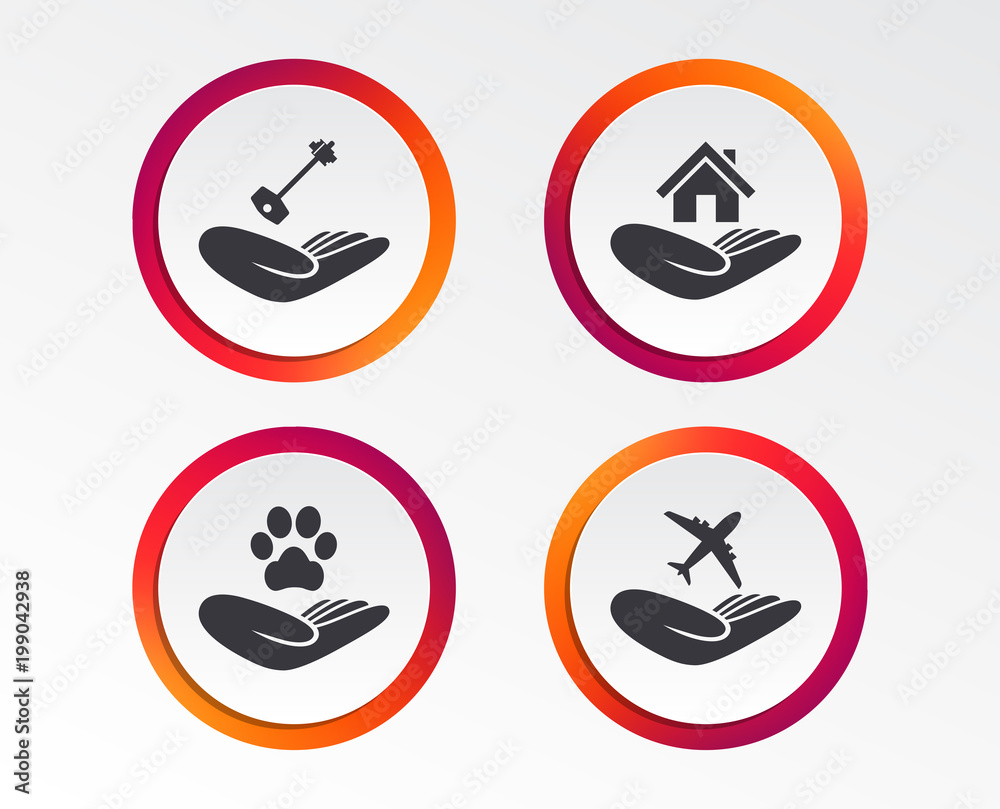 Helping hands icons. Shelter for dogs symbol. Home house or real estate and key signs. Flight trip insurance. Infographic design buttons. Circle templates. Vector Helping hands icons. Shelter for dogs symbol. Home house or real estate and key signs. Flight trip insurance. Infographic design buttons. Circle templates. Vector