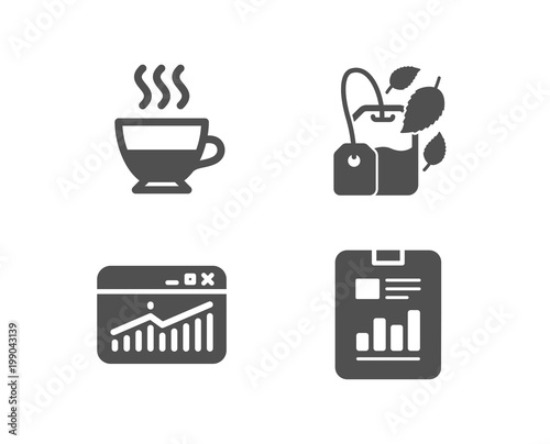 Set of Website statistics, Doppio and Mint bag icons. Report document sign. Data analysis, Coffee drink, Mentha tea. Page with charts.  Quality design elements. Classic style. Vector
