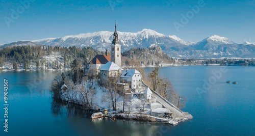 Lake Bled with Bled Island in winter, Slovenia photo