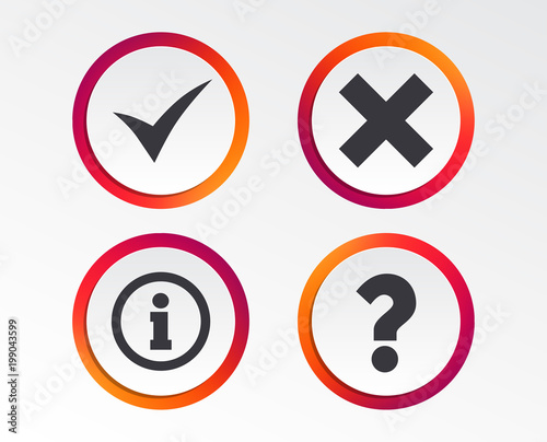Free Download Information icons. Delete and question FAQ mark signs. Approved check mark symbol. Infographic design buttons. Circle templates. Vector - GFXLoad