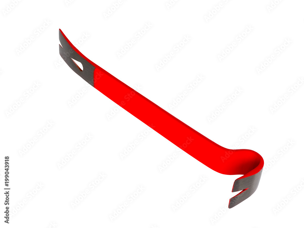 Close-up of steel red color crowbar. Isolated on white background. High quality macro photography. Close-up of steel red color crowbar. Isolated on white background. High quality macro photography.