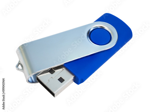 Close-up of USB flash memory stick. Blue body with a silver lid. Isolated on white background. High-quality macro photography.