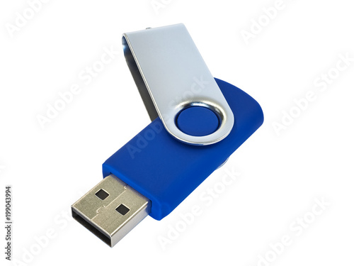 Close-up of USB flash memory stick. Blue body with a silver lid. Isolated on white background. High-quality macro photography.