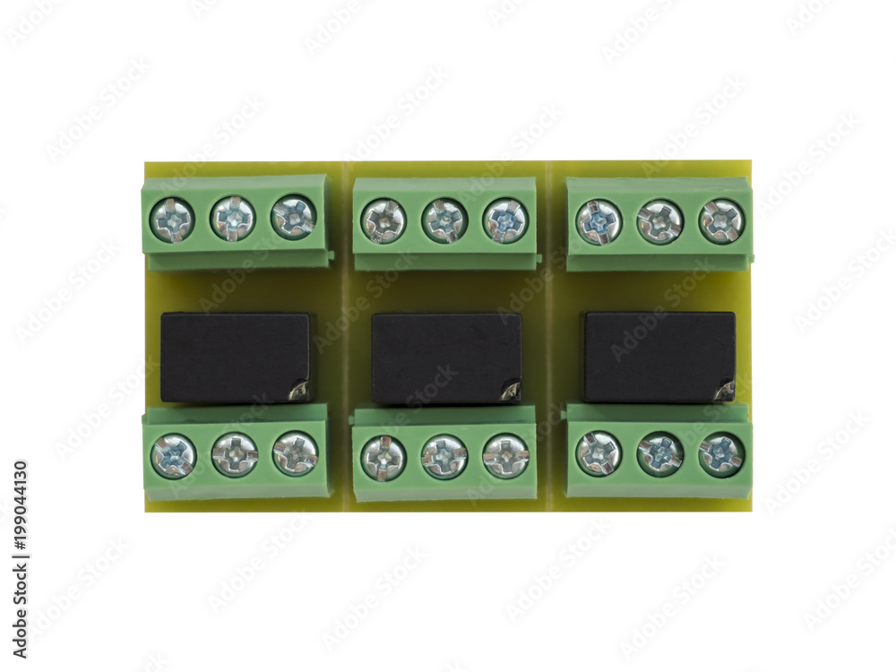 Obraz premium Close-up of expansion module of three relays with contacts on the PCB for wires connecting. Green and black colour. Isolated on white background. High-quality macro photography.