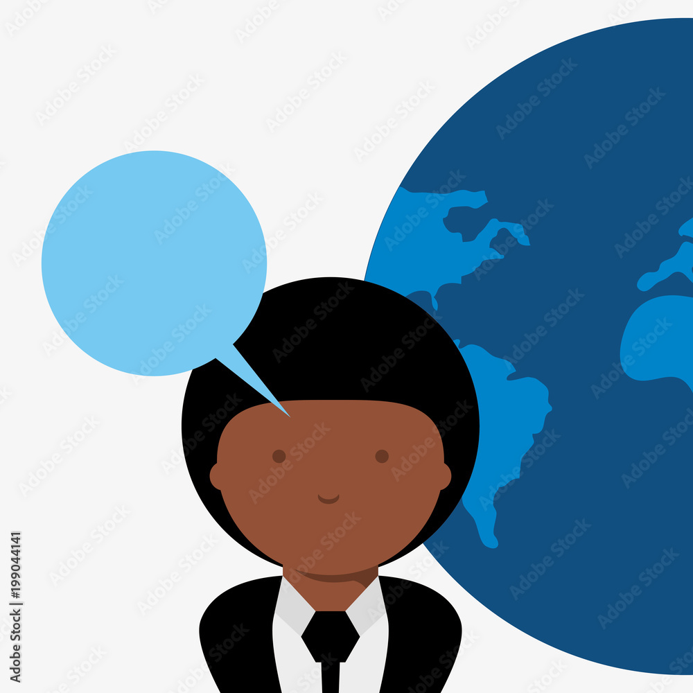 cartoon businessman with speech bubble and earth planet over white background, colorful design. vector illustration cartoon businessman with speech bubble and earth planet over white background, colorful design. vector illustration