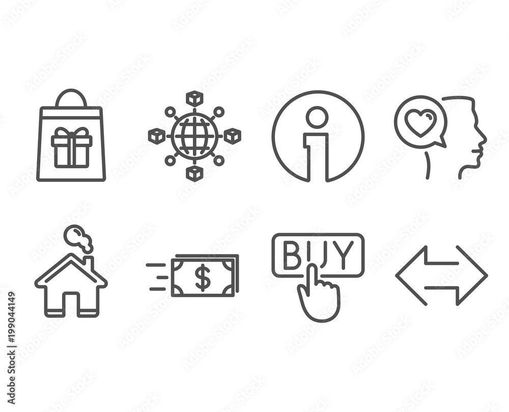 Set of Logistics network, Holidays shopping and Money transfer icons. Romantic talk, Buying and Sync signs. International tracking, Gifts bag, Cash delivery. Vector Set of Logistics network, Holidays shopping and Money transfer icons. Romantic talk, Buying and Sync signs. International tracking, Gifts bag, Cash delivery. Vector