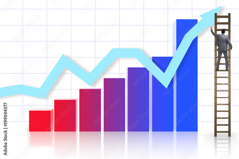 Businessman climbing towards growth in statistics Businessman climbing towards growth in statistics