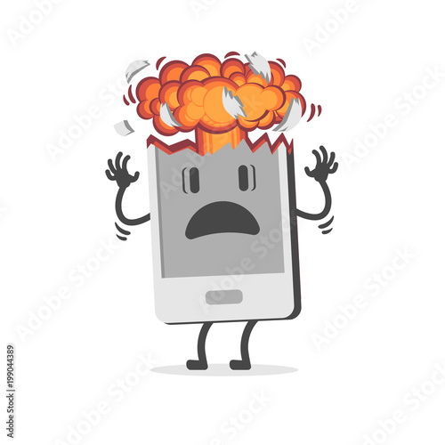 Mobile phone exploding due to overheating or swelling of the battery. A mushroom shaped explosion imitating a nuclear bomb. Cartoon character. Flat design, vector illustration.