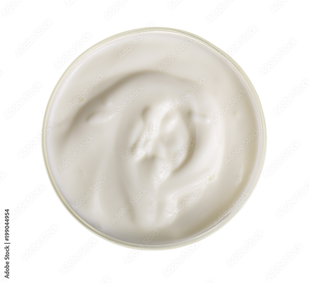 Bowl of yogurt isolated on white background top view Bowl of yogurt isolated on white background top view