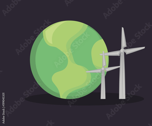 earth planet and eolic turbines over black background, colorful design. vector illustration