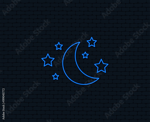 Neon light. Moon and stars icon. Sleep dreams symbol. Night or bed time sign. Glowing graphic design. Brick wall. Vector
