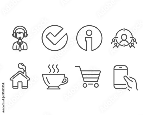 Set of Business targeting  Verify and Coffee icons. Market sale  Shipping support and Hold smartphone signs. People and target aim  Selected choice  Cappuccino. Vector