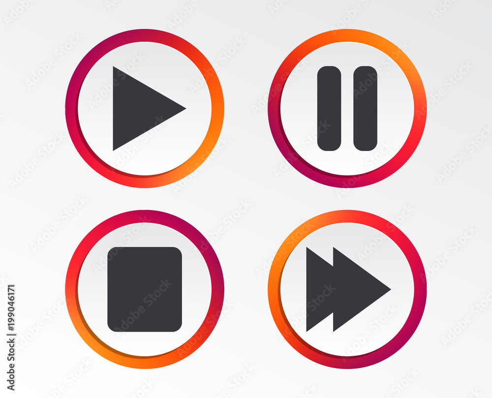 Player navigation icons. Play, stop and pause signs. Next song symbol. Infographic design buttons. Circle templates. Vector Player navigation icons. Play, stop and pause signs. Next song symbol. Infographic design buttons. Circle templates. Vector
