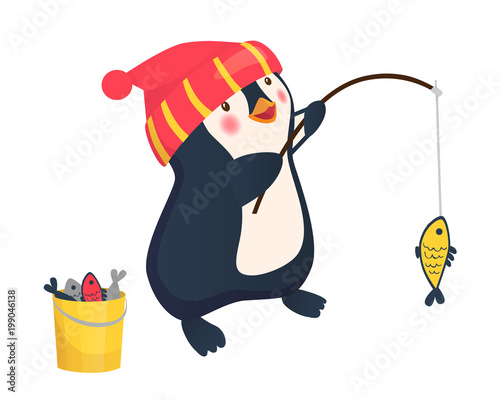 penguin fisherman caught fish