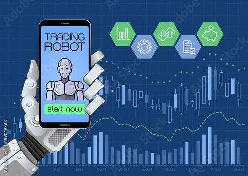 Trading Robot Of Automated Trading System. Illustration on the subject of 'Financial Technologies / Stock Exchange'.
