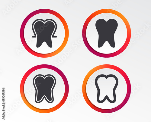 Tooth enamel protection icons. Dental toothpaste care signs. Healthy teeth sign. Infographic design buttons. Circle templates. Vector