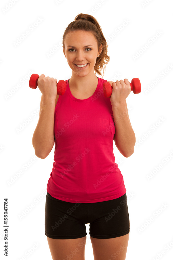 Beautiful young active fit woman workout with dumbbells isolated over white background - fitness Beautiful young active fit woman workout with dumbbells isolated over white background - fitness