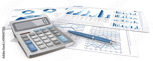 Panoramic view of Fnancial documents. Infographics documents with graphs and pie charts on. Pen and Calculator. Blue theme and panorama. 3d Illustration. 