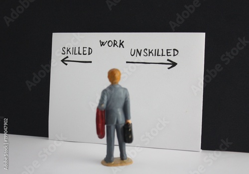 Skilled or unskilled work decision choice options. Little miniature figure manthinking about future job.