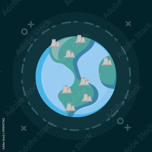 earth planet with nuclear plants over blue background, colorful design. vector illustration